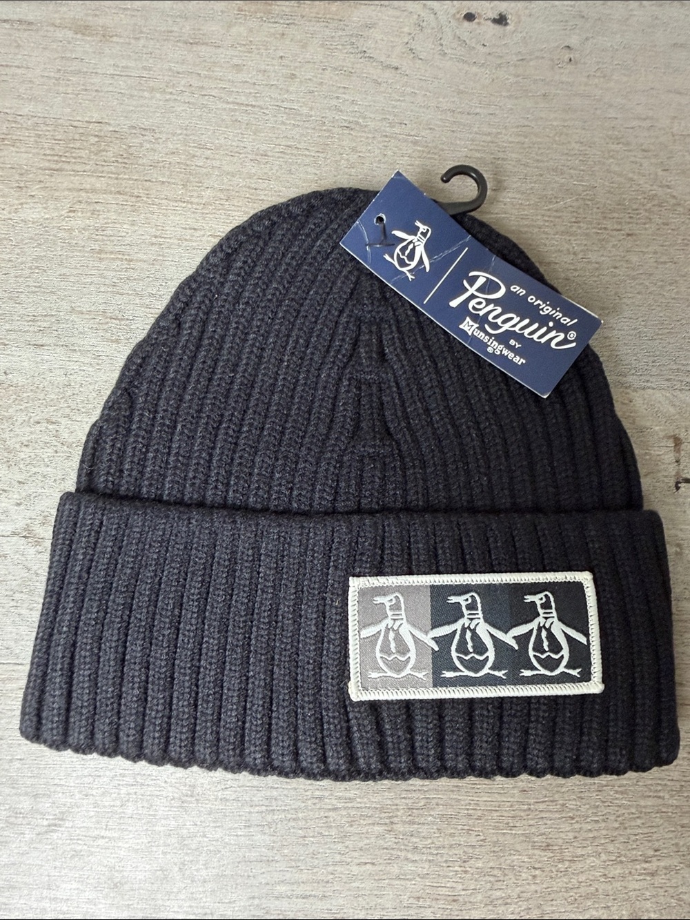 Original Penguin Black Ribbed Cuffed Beanie with Penguin Patch